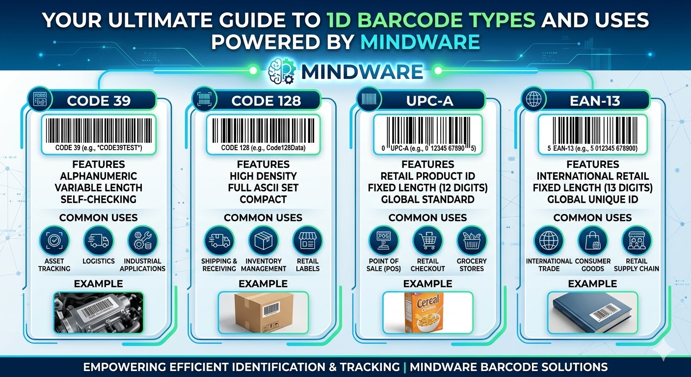 Your Ultimate Guide to 1D Barcode Types and Uses Powered by Mindware Your Ultimate Guide to 1D Barcode Types and Uses Powered by Mindware